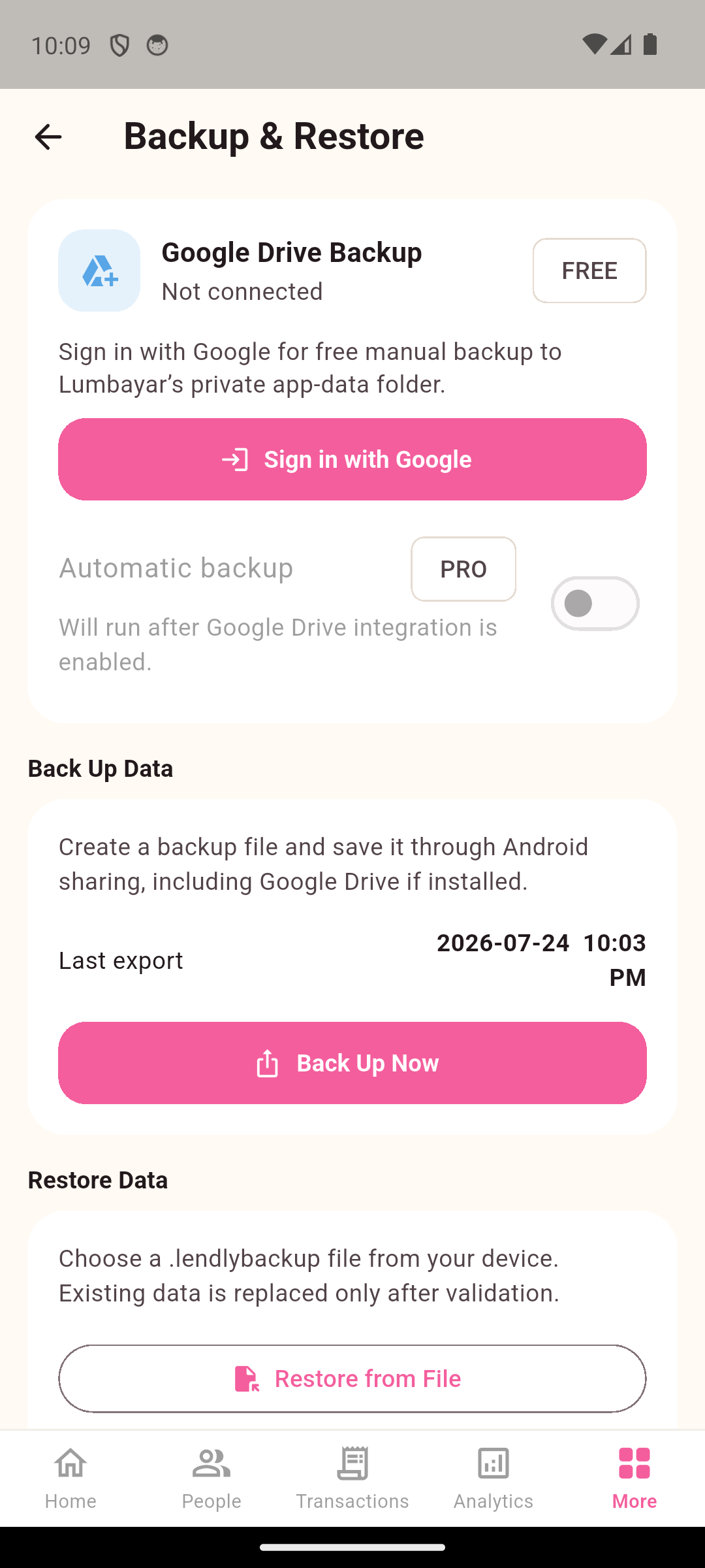 Manual and automatic Google Drive backup controls in Lumbayar