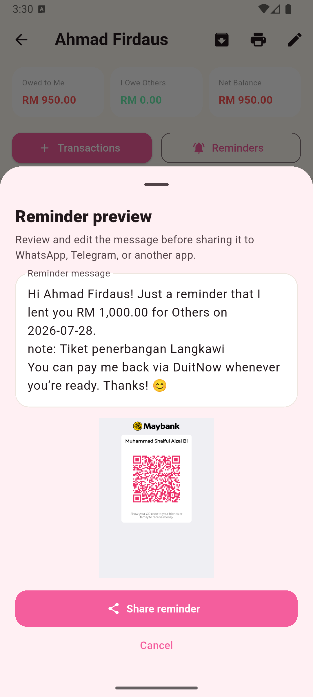 Editable Lumbayar reminder preview with an attached DuitNow QR code