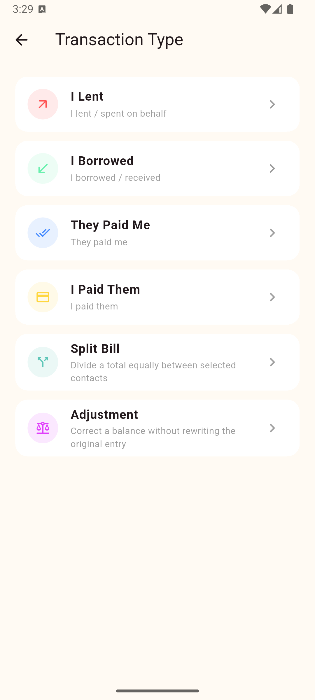 Lumbayar transaction type chooser for lending, borrowing, repayments and split bills