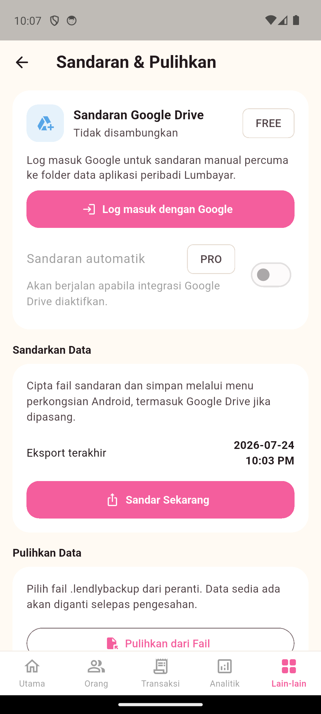 Kawalan sandaran Google Drive manual dan automatik dalam Lumbayar