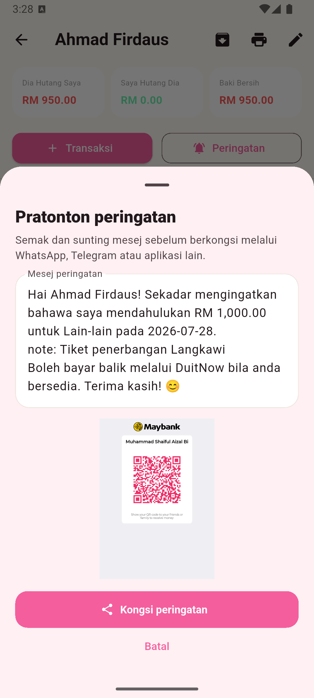 Pratonton peringatan Lumbayar yang boleh disunting bersama kod QR DuitNow